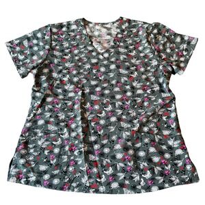 Divine Stretch by JDM Uniforms Scrub Top XL Gray Butterfly Heart Floral V-Neck